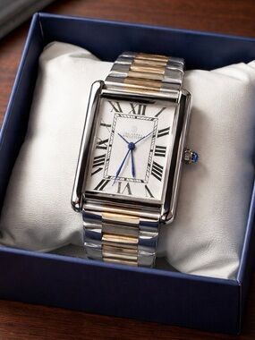Brand New Montres Prestige mens Two-Tone Rectangular Dress with Roman Dial